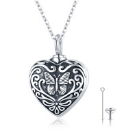 wholesale 925 Sterling Silver Heart-Shaped Butterfly Urn Pendant with Chain and Funnel - Keepsake Jewelry for Ashes Memory Gift- Oxidized/Oxidised