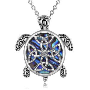 Sterling Silver Celtic Knot Abalone Shell Turtle Pendant Necklace-0