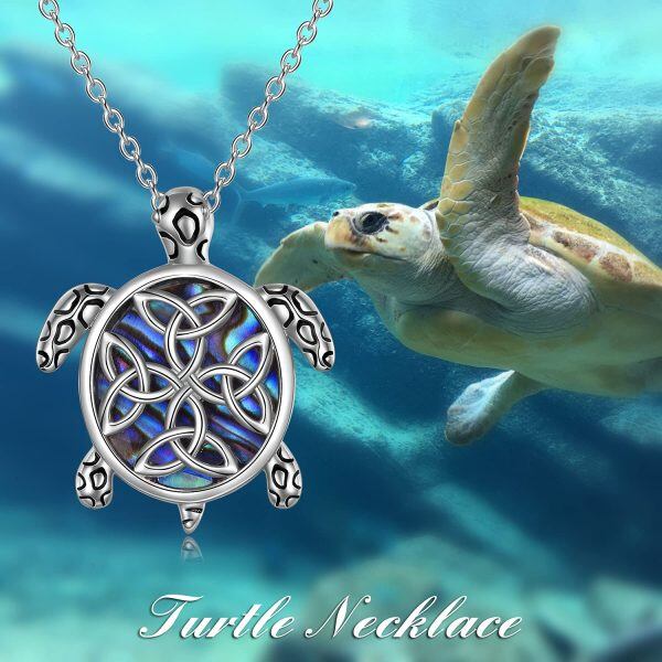 Sterling Silver Celtic Knot Abalone Shell Turtle Pendant Necklace-2