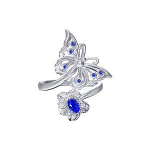 Sterling Silver Butterfly Flower Adjustable Ring with September Birthstone Crystals-0