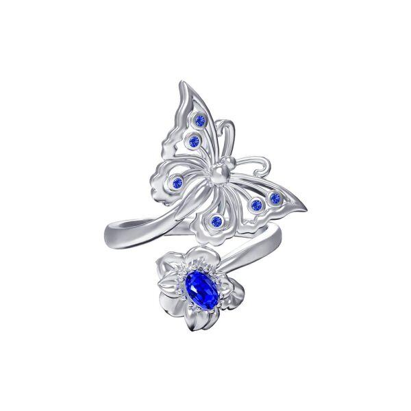 Sterling Silver Butterfly Flower Adjustable Ring with September Birthstone Crystals-0