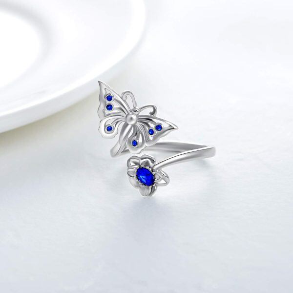 Sterling Silver Butterfly Flower Adjustable Ring with September Birthstone Crystals-4