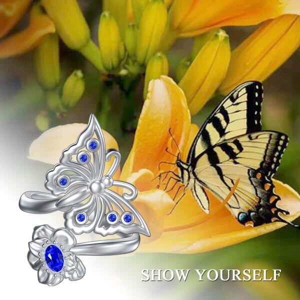 Sterling Silver Butterfly Flower Adjustable Ring with September Birthstone Crystals-5