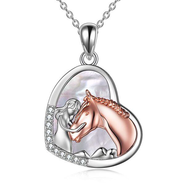 Sterling Silver Girls Embrace Horse Pendant Necklace with White Shell-0