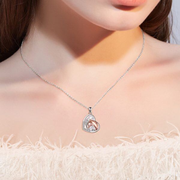 Sterling Silver Girls Embrace Horse Pendant Necklace with White Shell-2