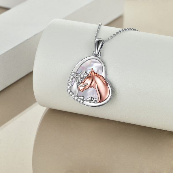 Sterling Silver Girls Embrace Horse Pendant Necklace with White Shell-3