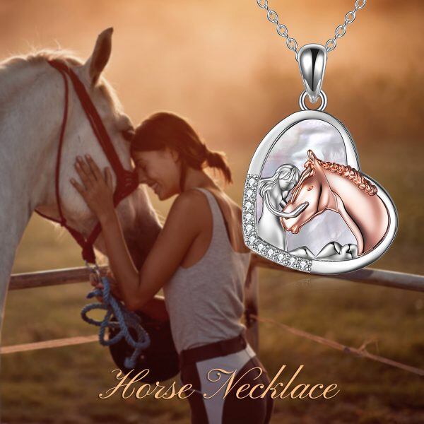 Sterling Silver Girls Embrace Horse Pendant Necklace with White Shell-5