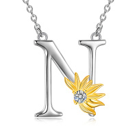 wholesale 925 Sterling Silver Metal Gold Plated Sunflower Letter N Pendant Necklace for Women- Rhodium And Gold Plated