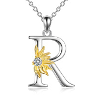 wholesale 925 Sterling Silver Metal Gold Flower Crystal Initial R Pendant Necklaces for Women s- Rhodium And Gold Plated