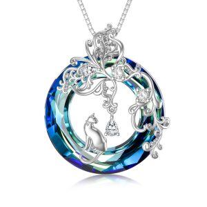 Sterling Silver Butterfly Cat Pendant Necklace with Blue Crystal Circle-0