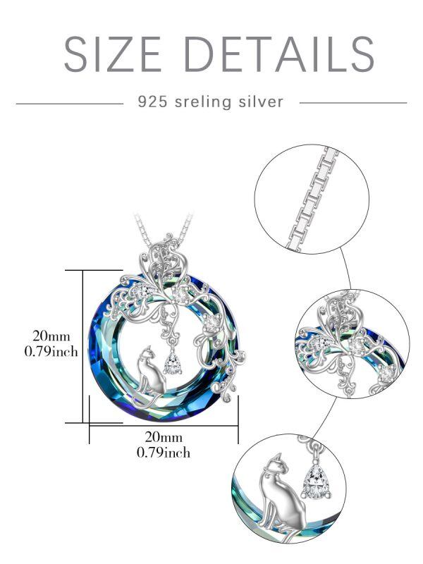 Sterling Silver Butterfly Cat Pendant Necklace with Blue Crystal Circle-1