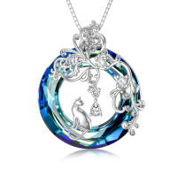 wholesale 925 Sterling Silver Round Blue Crystal Cat Lover's Pendant Necklace Gift for Women and Girls- Rhodium Plated