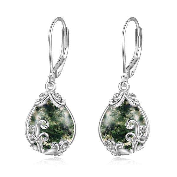 Sterling Silver Moss Agate Filigree Teardrop Dangle Earrings-0