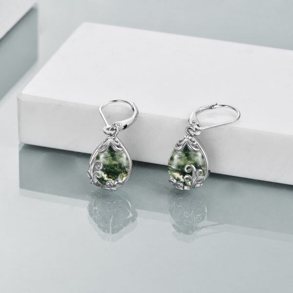 Sterling Silver Moss Agate Filigree Teardrop Dangle Earrings-3