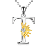 wholesale 925 Sterling Silver Metal Stone Sunflower T-Shaped Pendant Necklace for Women Charms- Rhodium And Gold Plated