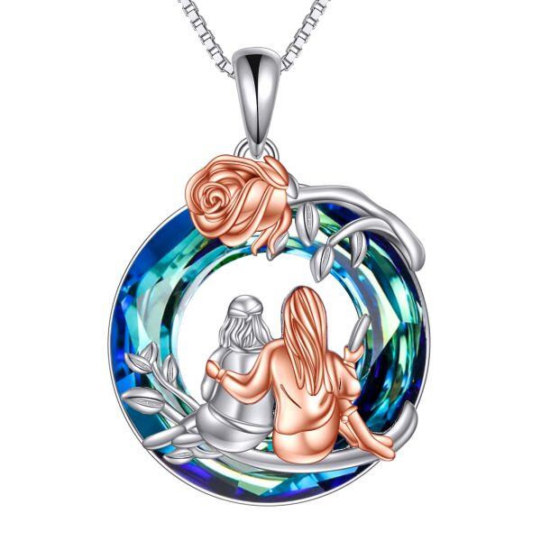 Sterling Silver Rose Sister Pendant Necklace with Blue Crystal Circle-0