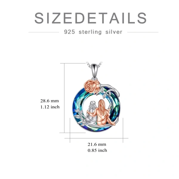 Sterling Silver Rose Sister Pendant Necklace with Blue Crystal Circle-1