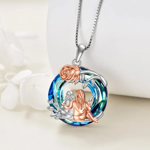 Sterling Silver Rose Sister Pendant Necklace with Blue Crystal Circle-3