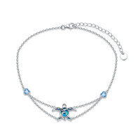 wholesale 925 Sterling Silver Blue Opal Turtle Anklet - Oceanic Jewelry for Women & Girls- Rhodium Plated