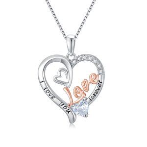 Sterling Silver Love Heart Pendant Necklace with "I Love You Forever"-0