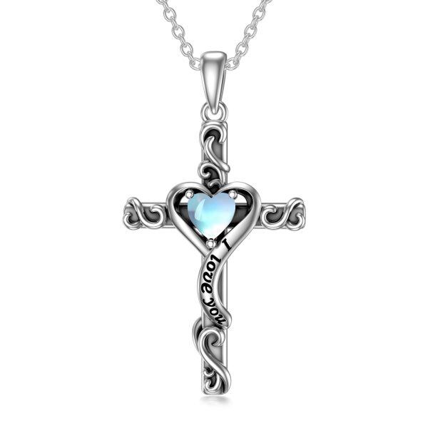 Sterling Silver Moonstone Heart Cross Pendant Necklace-0