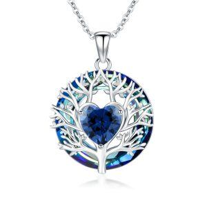 Sterling Silver Tree of Life Pendant Necklace with Blue Crystal Circle-0