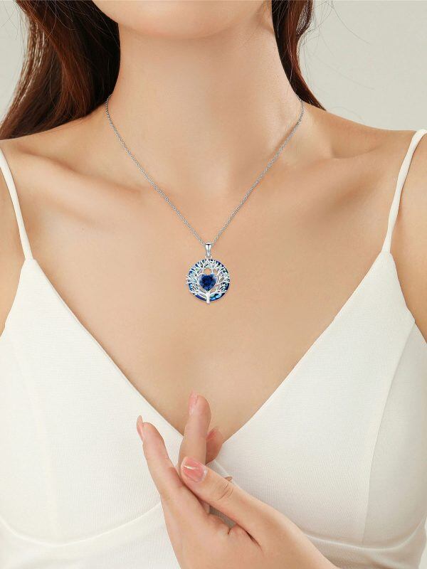 Sterling Silver Tree of Life Pendant Necklace with Blue Crystal Circle-2