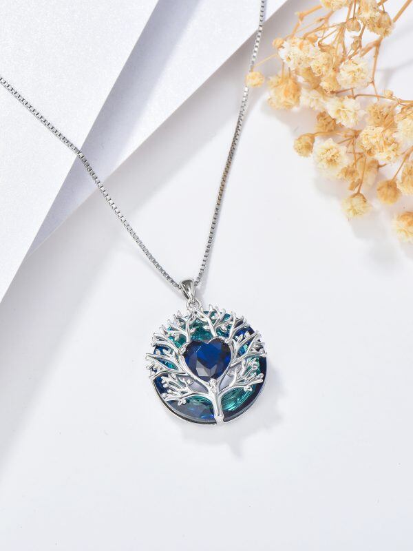 Sterling Silver Tree of Life Pendant Necklace with Blue Crystal Circle-3