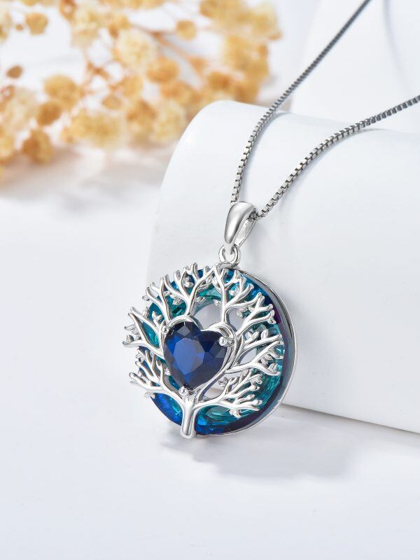 Sterling Silver Tree of Life Pendant Necklace with Blue Crystal Circle-4