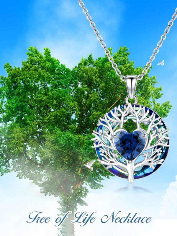 Sterling Silver Tree of Life Pendant Necklace with Blue Crystal Circle-5