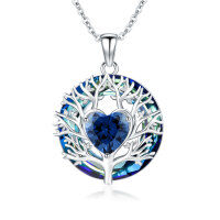 wholesale 925 Sterling Silver Blue Sapphire Heart Tree of Life Pendant Necklace for Women- Rhodium Plated