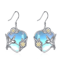 wholesale 925 Sterling Silver Heart-Shaped Earrings with Hummingbirds and Flowers on Blue Opal Stone Base- Rhodium Plated