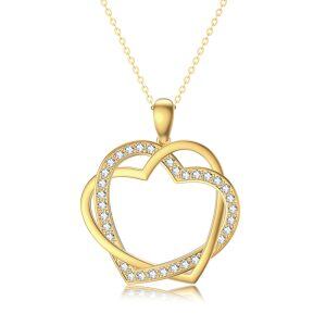 14K Solid Gold Double Love Heart Pendant Necklace with Cubic Zirconia-0