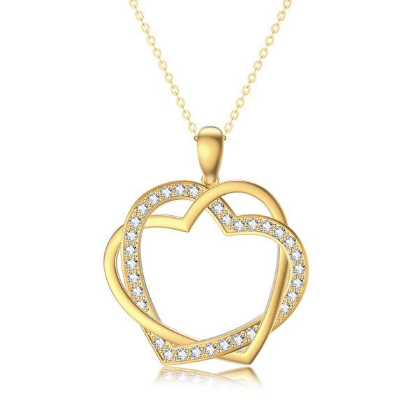 14K Solid Gold Double Love Heart Pendant Necklace with Cubic Zirconia-0