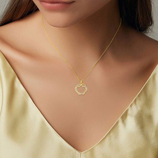 14K Solid Gold Double Love Heart Pendant Necklace with Cubic Zirconia-2