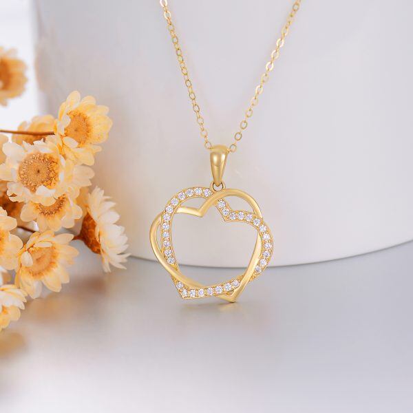 14K Solid Gold Double Love Heart Pendant Necklace with Cubic Zirconia-4