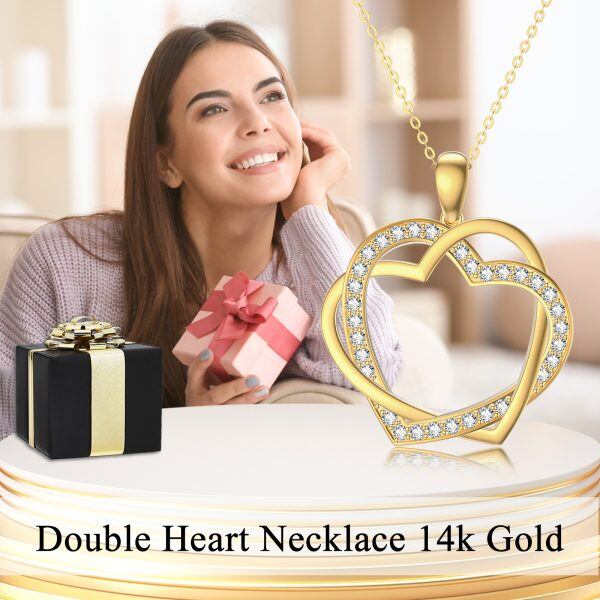 14K Solid Gold Double Love Heart Pendant Necklace with Cubic Zirconia-5