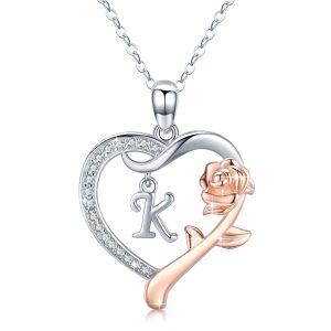 Sterling Silver Initial Alphabet Letter "K" Love Heart Pendant Necklaces with Rose Flower-0