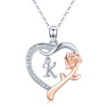 wholesale 925 Sterling Silver Heart-Shaped Pendant with Rose Gold Plated Flower and CZ Stones - Personalized Initial K Necklaces for Women-0-0