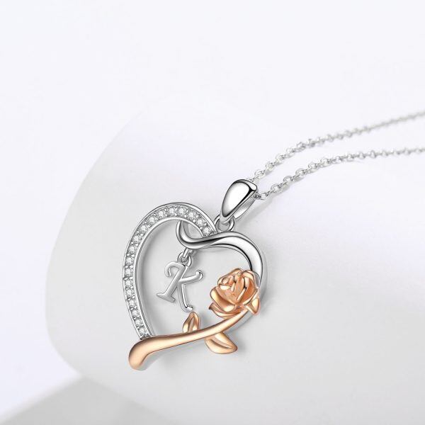 Sterling Silver Initial Alphabet Letter "K" Love Heart Pendant Necklaces with Rose Flower-3