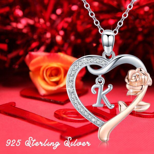 Sterling Silver Initial Alphabet Letter "K" Love Heart Pendant Necklaces with Rose Flower-4