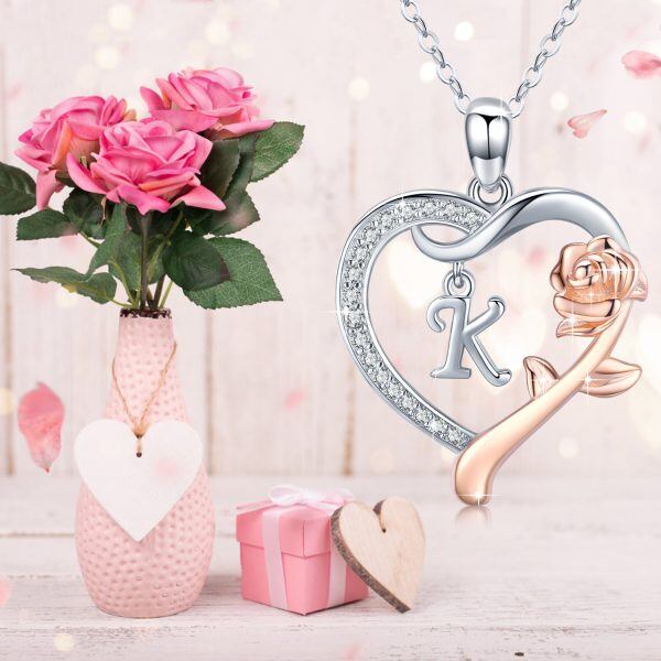 Sterling Silver Initial Alphabet Letter "K" Love Heart Pendant Necklaces with Rose Flower-5