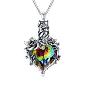 Sterling Silver Oxidized Rose Heart Crystal Urn Necklaces-0