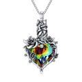 wholesale 925 Sterling Silver Rainbow Crystal Heart Pendant Urn Necklace with Roses and Leaves - Memorial Jewelry-0-0