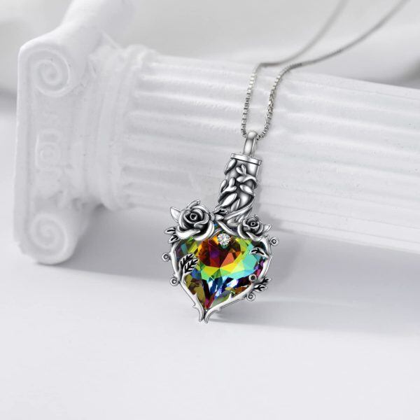 Sterling Silver Oxidized Rose Heart Crystal Urn Necklaces-4