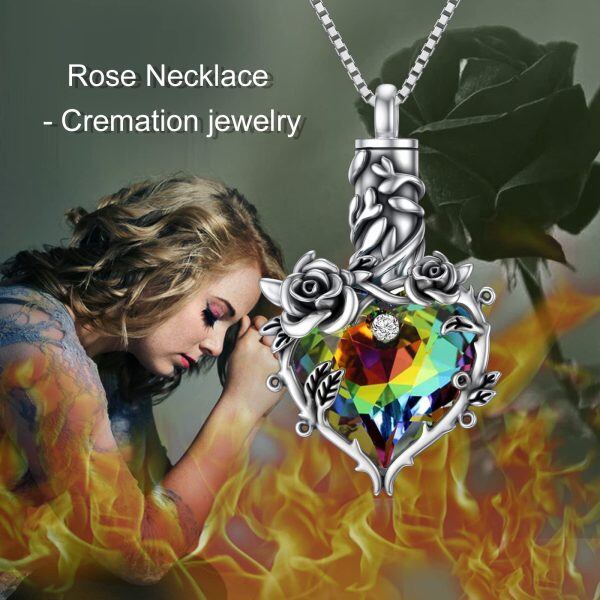 Sterling Silver Oxidized Rose Heart Crystal Urn Necklaces-5