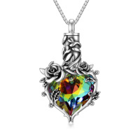 wholesale 925 Sterling Silver Rainbow Crystal Heart Pendant Urn Necklace with Roses and Leaves - Memorial Jewelry- Oxidized/Oxidised