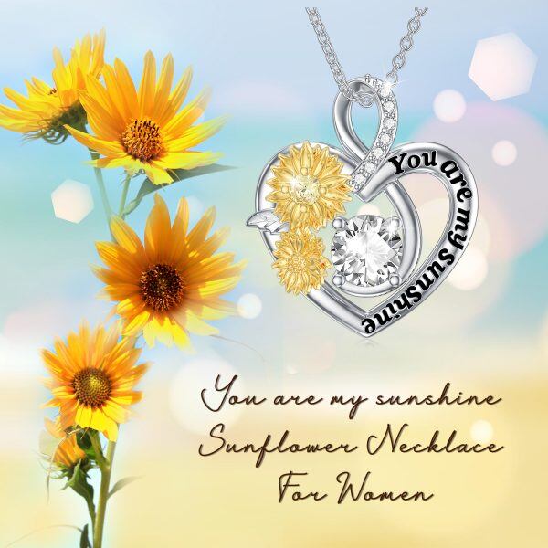 Sterling Silver Heart Pendant Necklaces with Gold Plated Sunflower-5