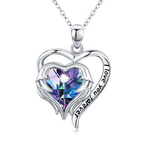 Sterling Silver Angel Wings Heart Pendant Necklace with Purple Crystal-0