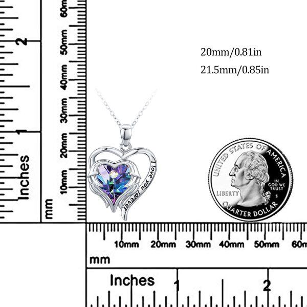 Sterling Silver Angel Wings Heart Pendant Necklace with Purple Crystal-1